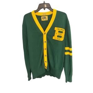 billionaire boys club Men's 2XL College big logo green/yellow cardigan sweater